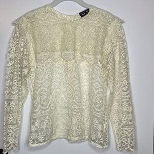 VTG KE II Y2K Lace Blouse Mesh Cream Ivory Sheer Edwardian Victorian Whimsigoth